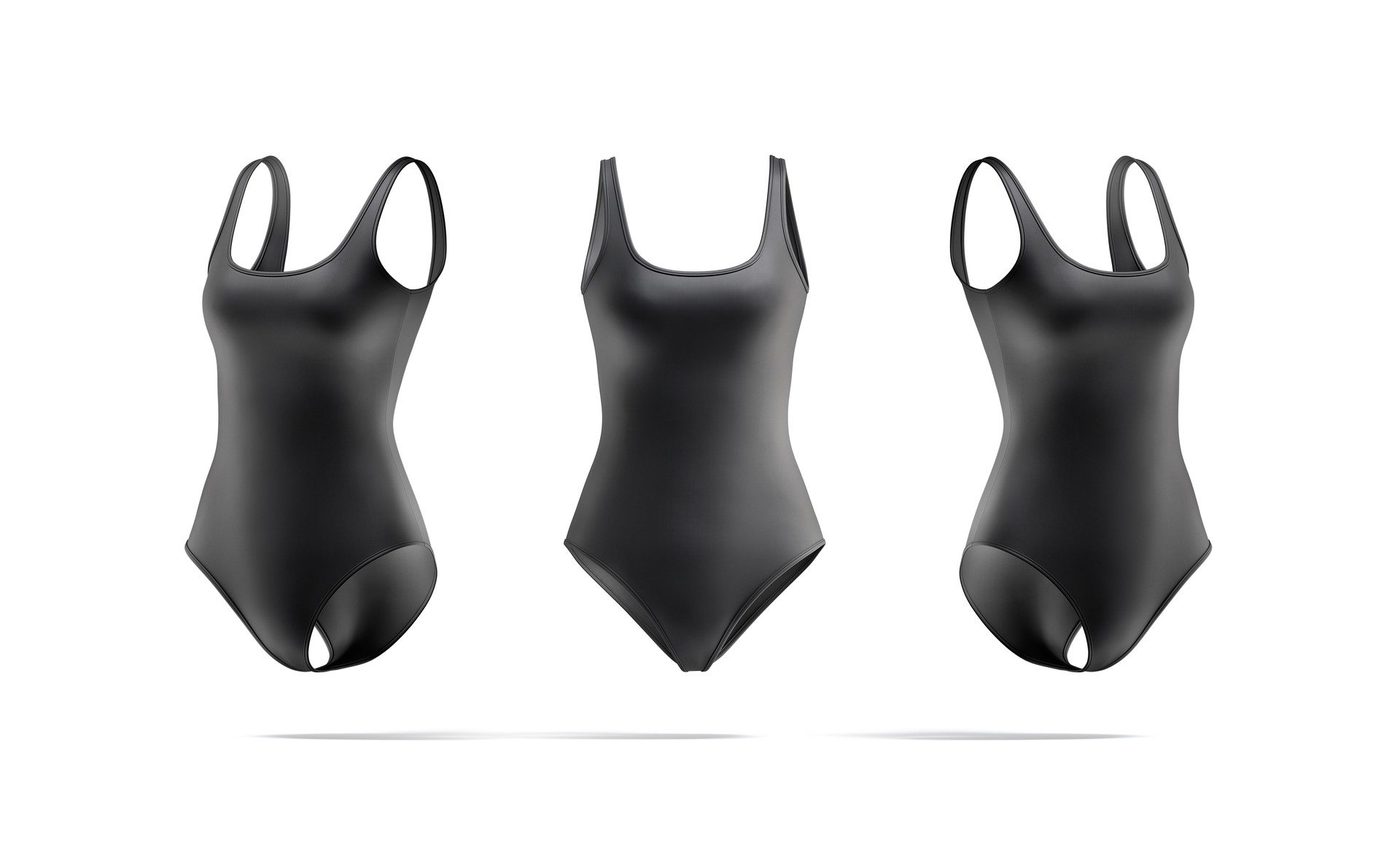Blank black one-piece swimsuit mockup, front and side view
